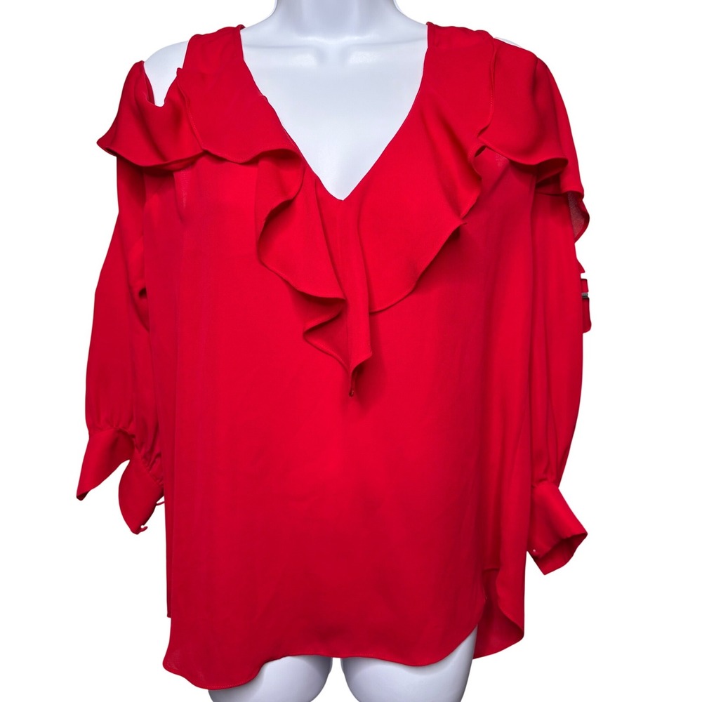 PARKER Womens Red Cold Shoulder Ruffle Blouse Sz S Party Feminine Flowy Coquette